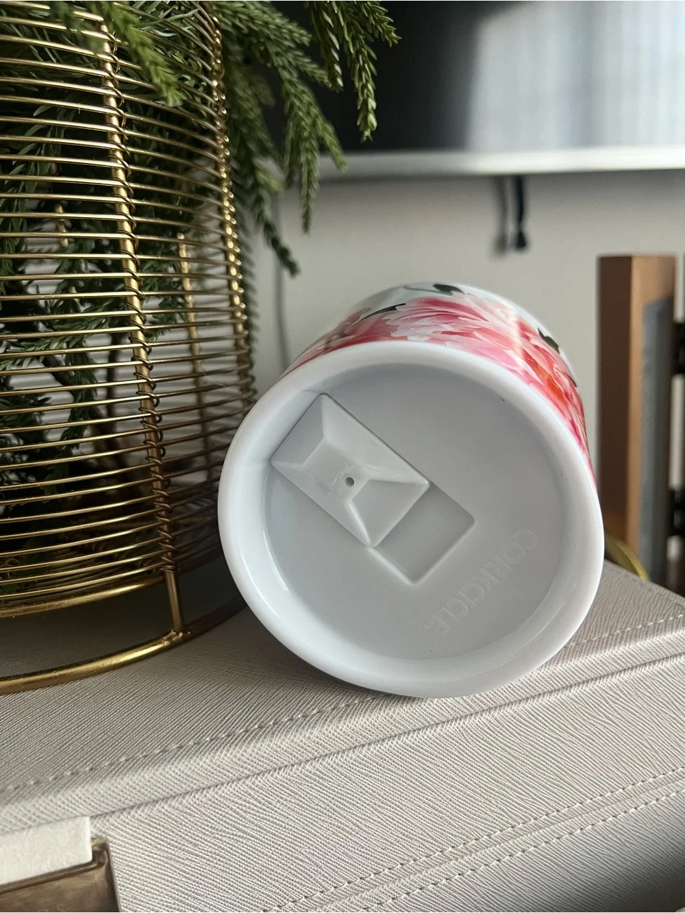 Corkcicle White Stemless Wine Tumbler with Pink Floral Peony